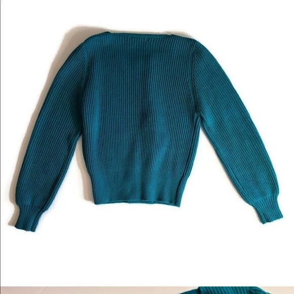 Vintage 80s Cardigan Sweater M Double Breasted Teal Blue / Green Acrylic CLX1A - Picture 4 of 12